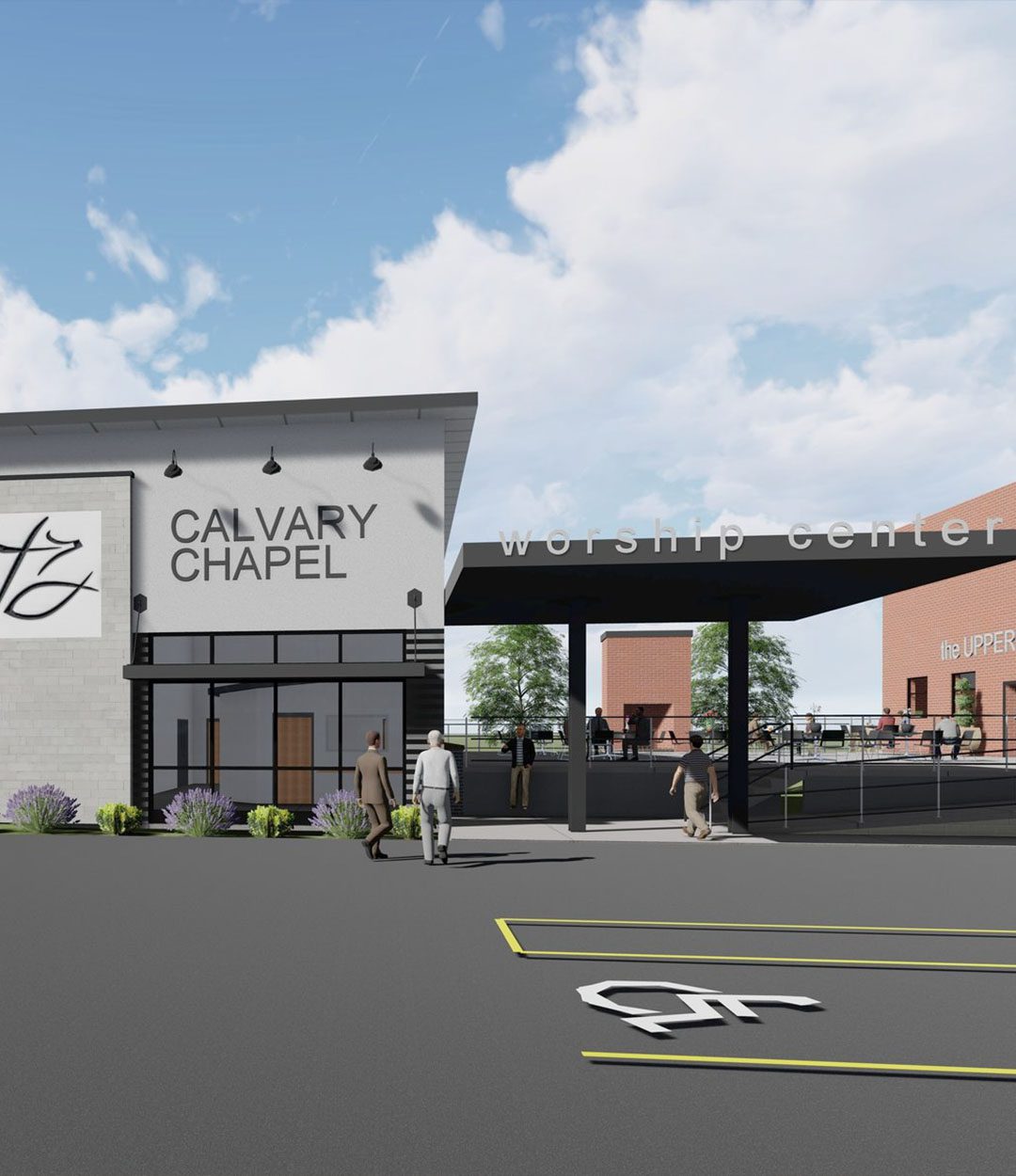 Architectural rendering of Calvary Chapel worship center with sleek modern design, labeled entrance, and people walking toward the main entry area.